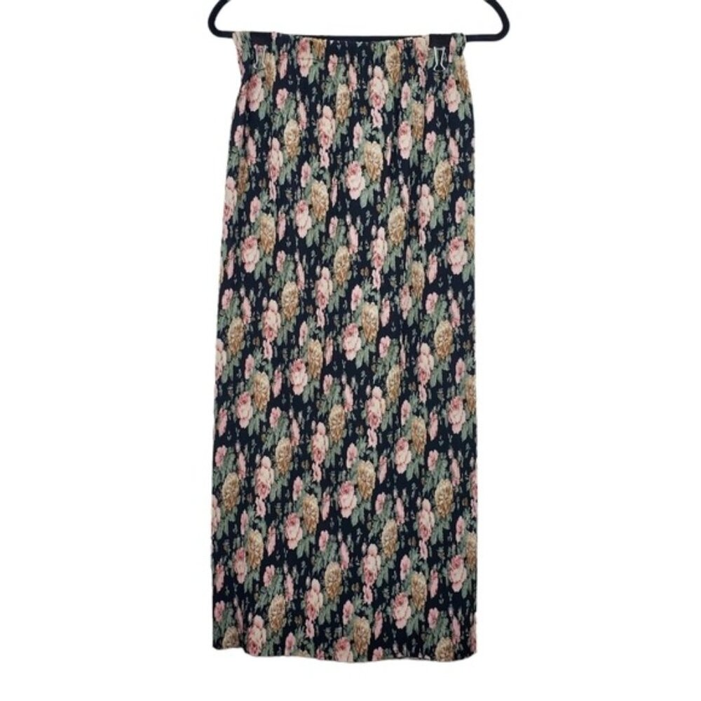 Express Womens Black Pink Rose Floral Print Pleated Pull-On Maxi Skirt Size M